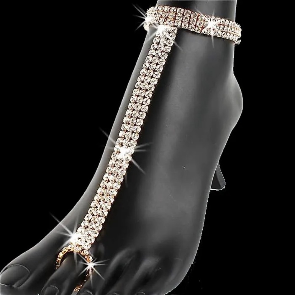 3-Row SEXY Crystal rhinestone cz STRETCH Tennis Ankle TOE Ring Bracelet Anklet